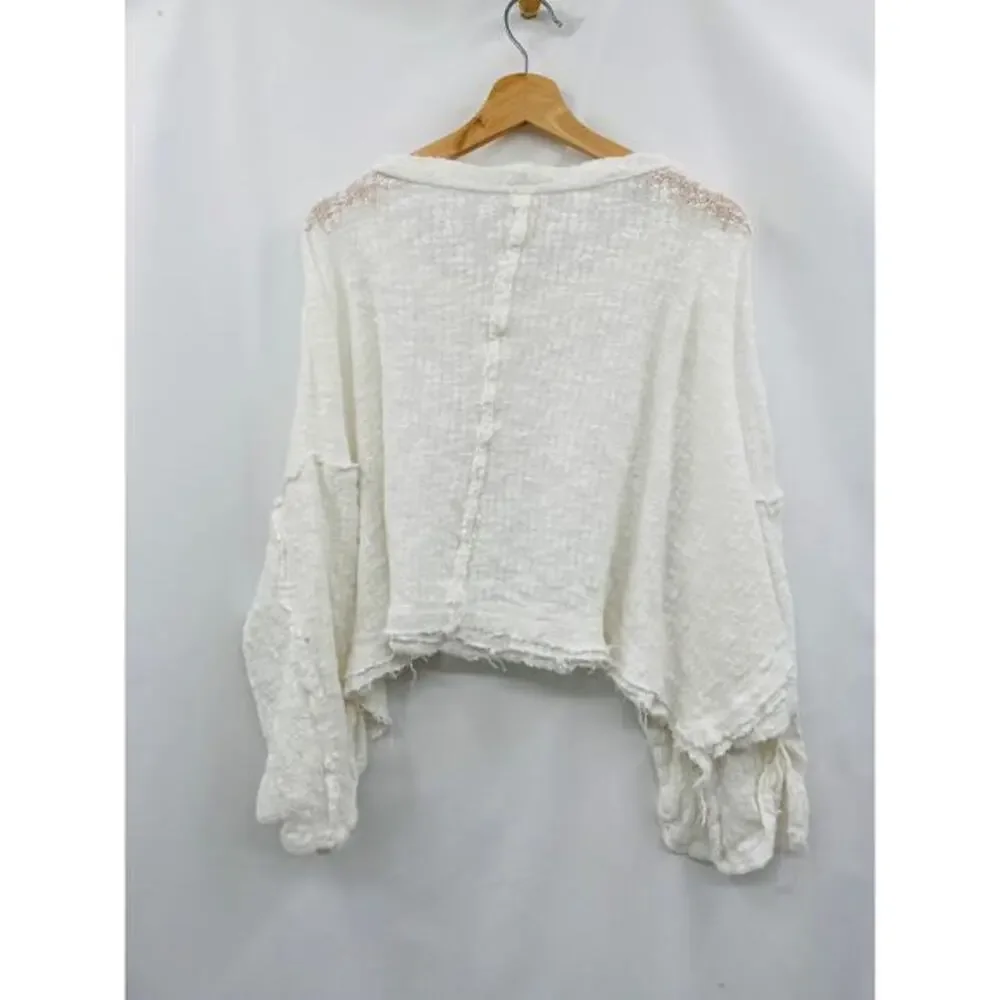 Free People white thin sheer knit raw hem oversized‎ top
